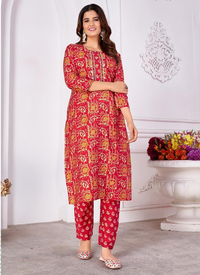 Rayon Silk Pink Casual Wear Hand Work Kurti With Pant